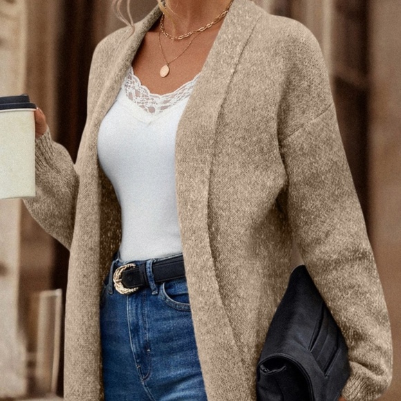 Tan Duster Shawl Cardigan Knit Long Open Long Sleeve - Picture 7 of 9